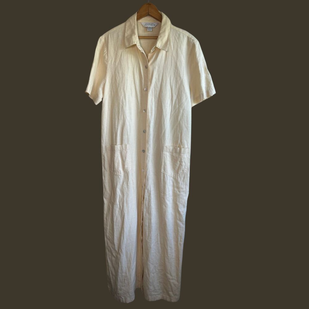 Vintage 90s Casual Corner Linen Blend Classic Button Front Short Sleeve Dress